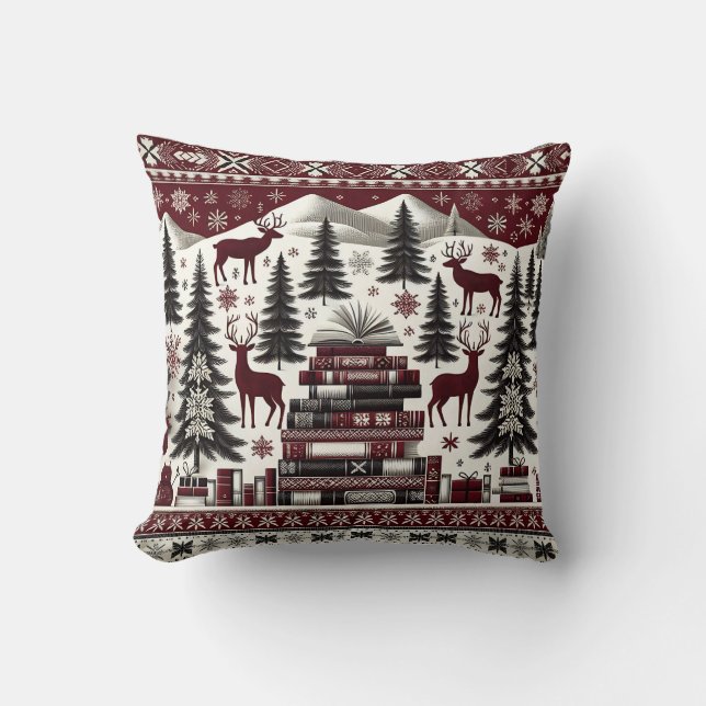 Nordic Winter Deer and Books Throw Pillow  (Front)