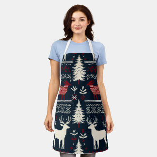 Nordic Winter Knit Pattern with Reindeer and Pine  Apron