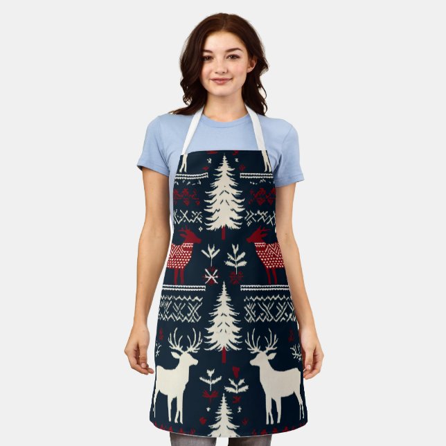Nordic Winter Knit Pattern with Reindeer and Pine  Apron (Worn)