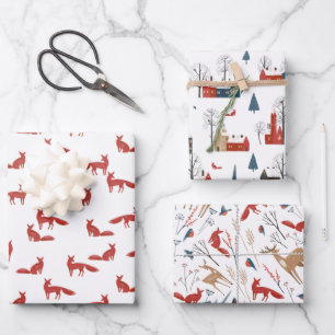 Nordic Winter Simple Minimalist Town Forest Fox Wrapping Paper Sheet