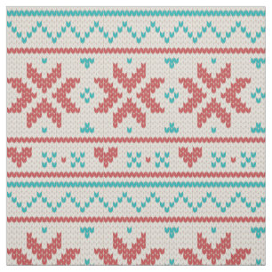 Nordic Winter Sweater Faux Knit Aqua & Red Pattern Fabric