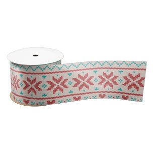 Nordic Winter Sweater Faux Knit Aqua & Red Pattern Satin Ribbon
