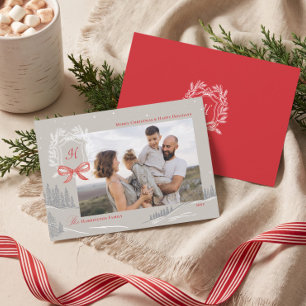 Nordic Winter Wonderland Red Bow Photo Christmas Holiday Card