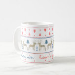 Nordic Winter Woodland with Custom Text and Names Coffee Mug<br><div class="desc">Personalise this cute and cosy coffee mug. The template is set up for you to add your names and two romantic phrases (or you can keep our sample text, which reads woodland walks and cosy nights). The design features traditional Nordic hygge style patterns of hearts and spots with woodland trees...</div>