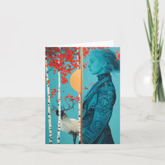 Nordic woman in the autumn, reindeer, birch forest holiday card