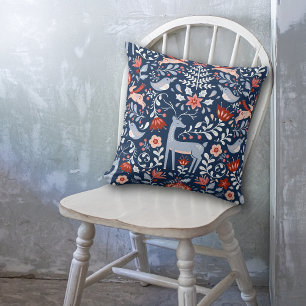 Nordic Woodland Animals Pattern on Navy Blue Cushion