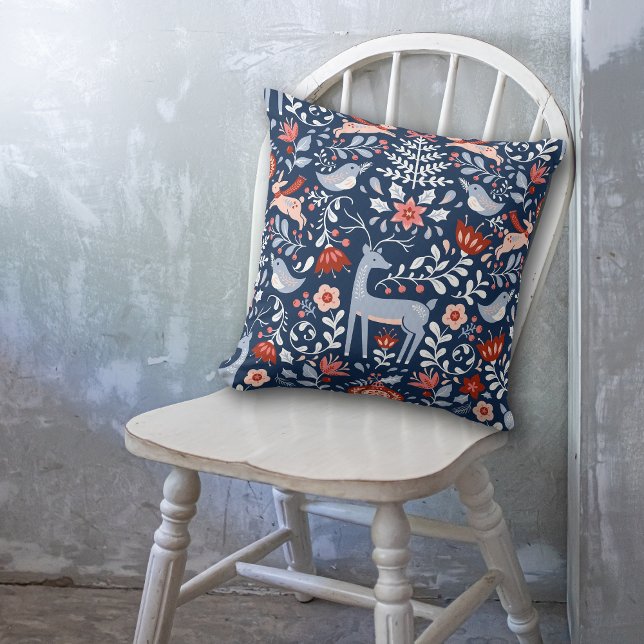 Nordic Woodland Animals Pattern on Navy Blue Cushion (Creator Uploaded)