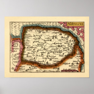 Norfolk "Norfolcke" County England Old Atlas Map Poster