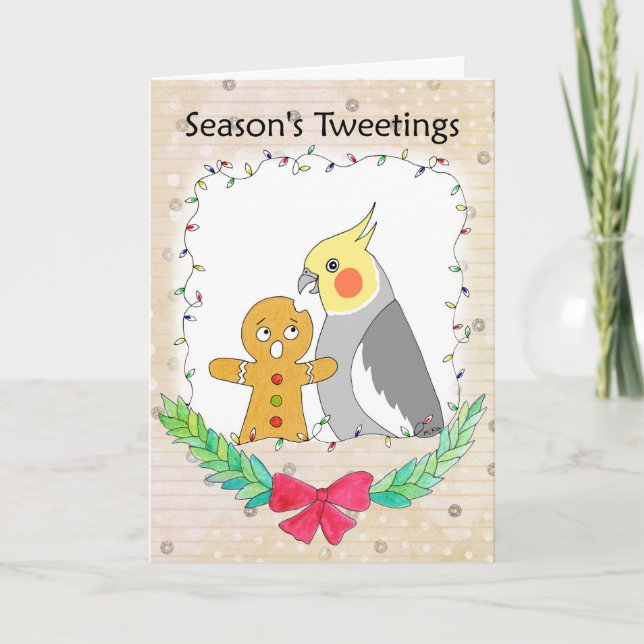 Normal Gray Cockatiel with Cookie Funny Christmas Card (Front)