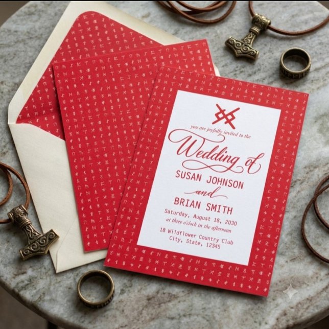 Norse Rune Monogram Red and White Wedding  Invitation (Creator Uploaded)