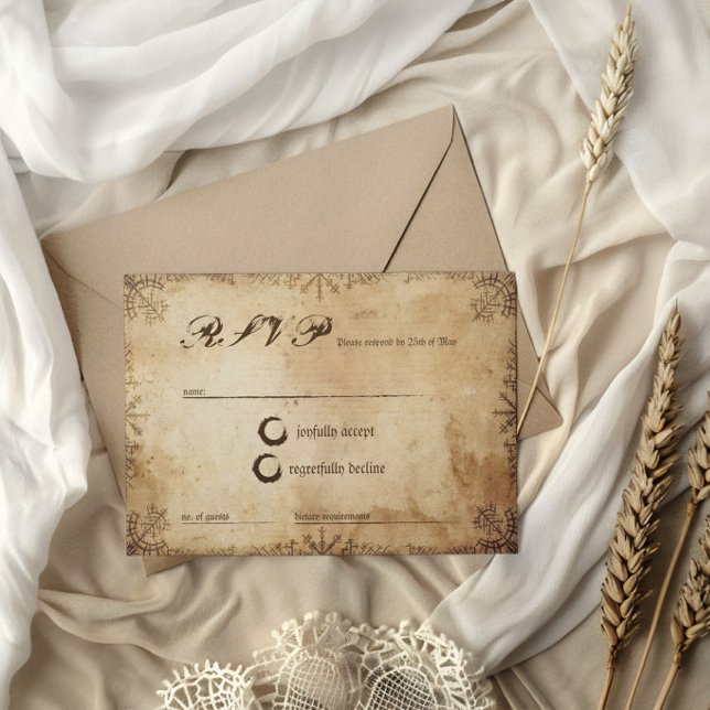 Norse Saga Viking RSVP Response Card (viking rsvp card on a silky cream coloured fabric and light brown craft paper envelope)