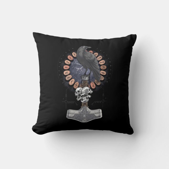 Norse Viking Raven Hammer Cushion (Front)