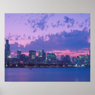 North America, USA, IL. Chicago skyline at dusk Poster