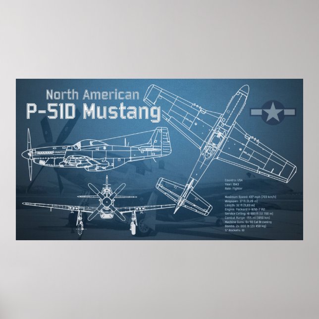 North American P-51D Mustang Blueprint Poster (Front)