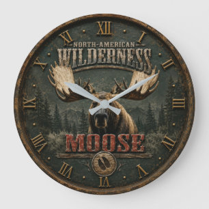 North American Rustic Moose Cabin Decor Large Clock