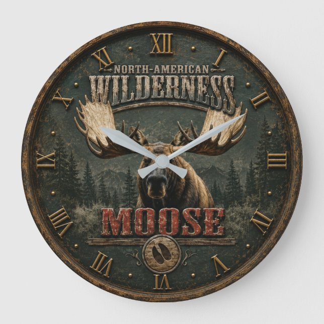 North American Rustic Moose Cabin Decor Large Clock (Front)