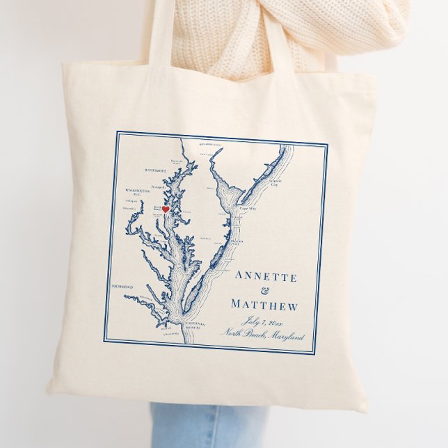 North Beach Maryland Elegant Navy Wedding Welcome Tote Bag (Personalized North Beach Maryland Wedding Favor Tote Bag in elegant navy blue by Coastal Map Designs)