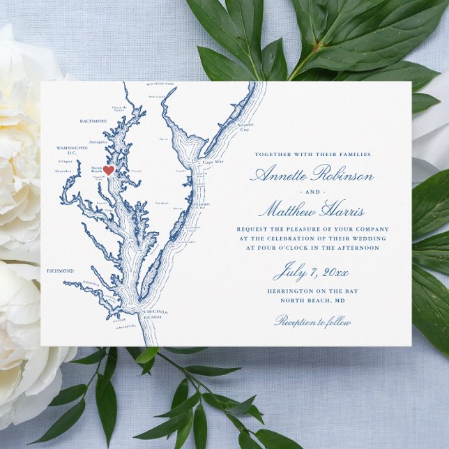 North Beach Maryland Map Elegant Navy Wedding Invitation (North Beach Maryland Wedding invitation with elegant navy blue map from Coastal Map Designs)