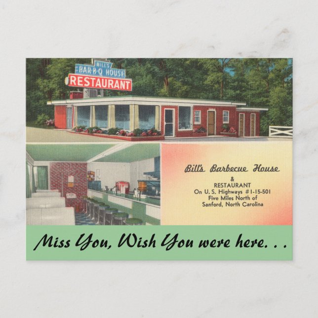 North Carolina, Bill's Barbecue House, Sanford Postcard (Front)