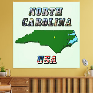 North Carolina Map Outline, Photo & US Flag Text Canvas Print