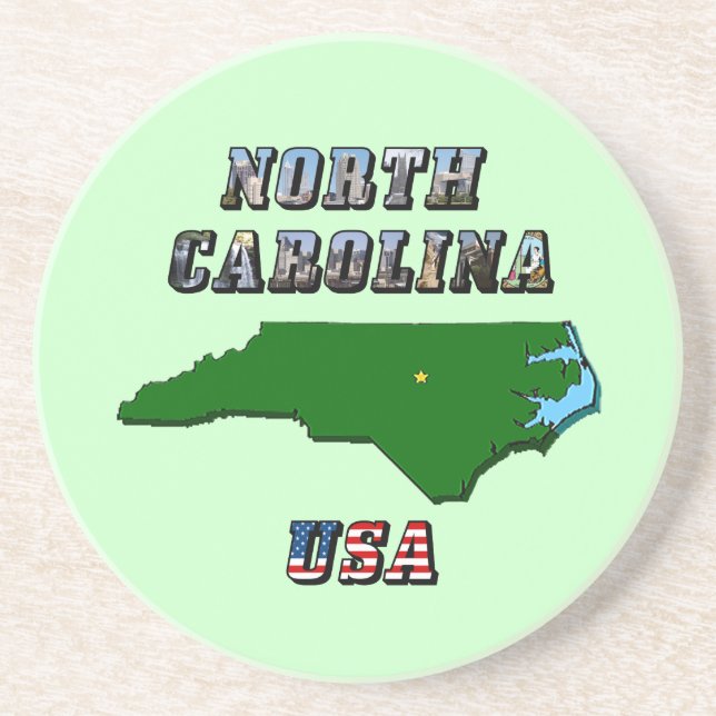 North Carolina Map Outline, Photo & US Flag Text  Coaster (Front)