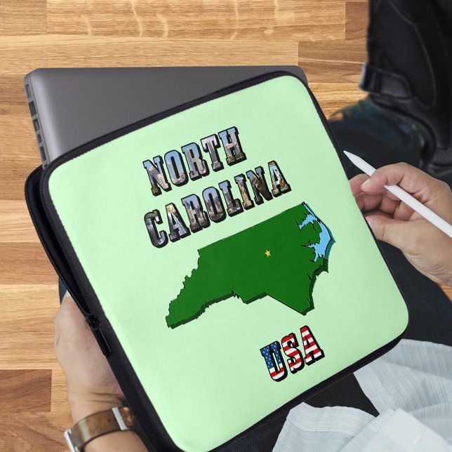 North Carolina Map Outline, Photo & US Flag Text  Laptop Sleeve (North Carolina Map and Text Laptop Sleeve)