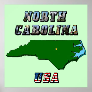 North Carolina Map Outline, Photo & US Flag Text Poster