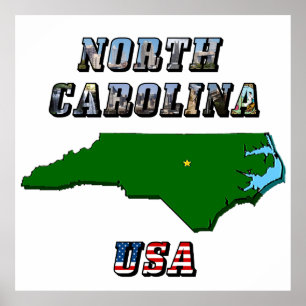 North Carolina Map Outline, Photo & US Flag Text  Poster