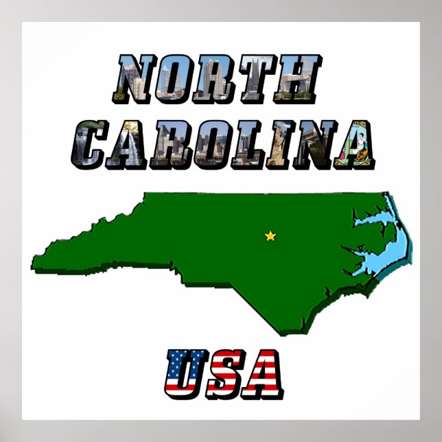 North Carolina Map Outline, Photo & US Flag Text  Poster (Front)