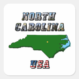 North Carolina Map Outline, Photo & US Flag Text  Square Sticker