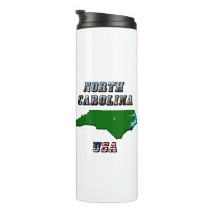 North Carolina Map Outline, Photo & US Flag Text Thermal Tumbler