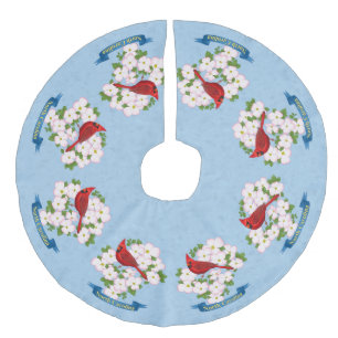 North Carolina State Cardinal Bird Dogwood Flower Faux Linen Tree Skirt