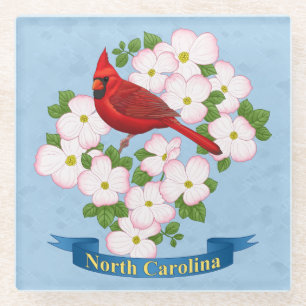 North Carolina State Cardinal Bird Dogwood Flower Glass Coaster