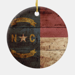 North Carolina State Flag on Old Wood Grain Ceramic Tree Decoration