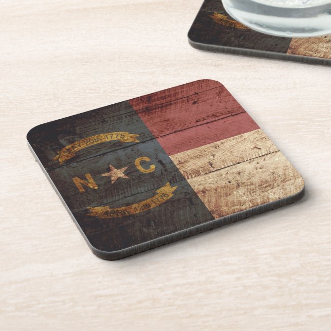 North Carolina State Flag on Old Wood Grain Coaster (Left Side)