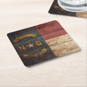 North Carolina State Flag on Old Wood Grain Square Paper Coaster