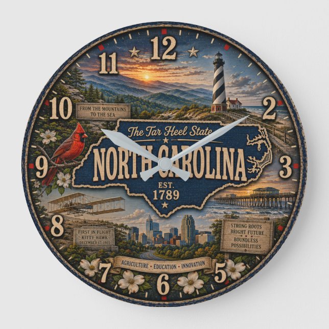 North Carolina Tar Heel State Mountain Coastal  Large Clock (Front)
