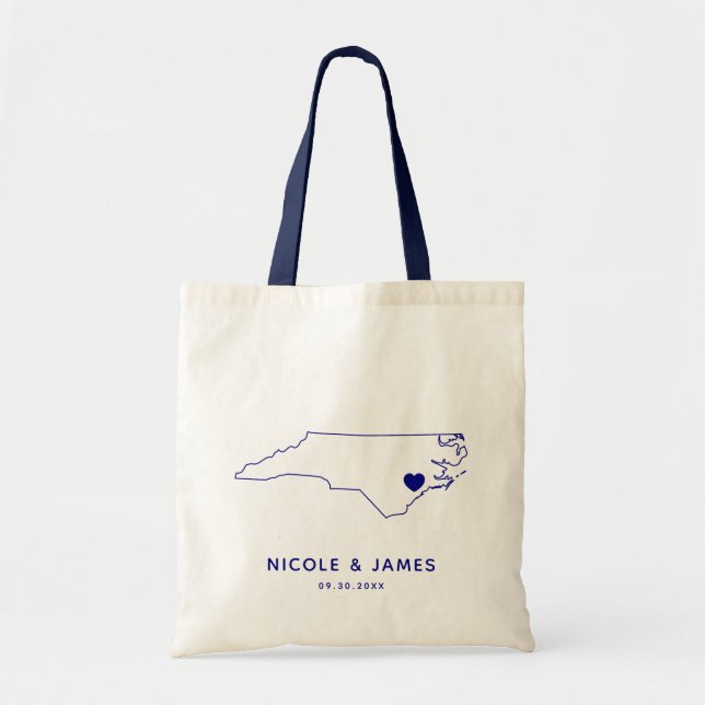 North Carolina Wedding Welcome Bag Map Tote, Navy (Front)