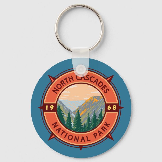 North Cascades National Park Retro Compass Emblem  Key Ring (Front)