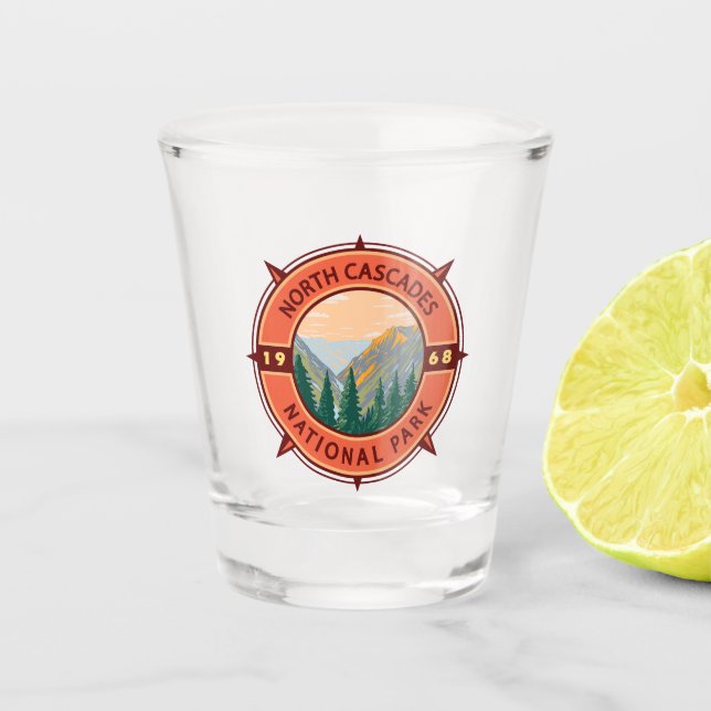 North Cascades National Park Retro Compass Emblem Shot Glass (Front)