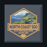 North Coast 500 Scotland Travel Art Badge Magnet<br><div class="desc">North Coast 500 done in a vintage style emblem. Located in the north Highlands of Scotland,  the North Coast 500 (NC500) is a loop route.</div>