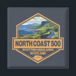 North Coast 500 Scotland Travel Art Badge Magnet<br><div class="desc">North Coast 500 done in a vintage style emblem. Located in the north Highlands of Scotland,  the North Coast 500 (NC500) is a loop route.</div>