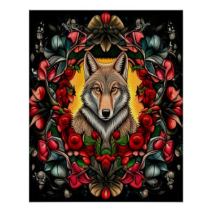 North Dakota Coyote Surrounded By Prairie Rose Poster