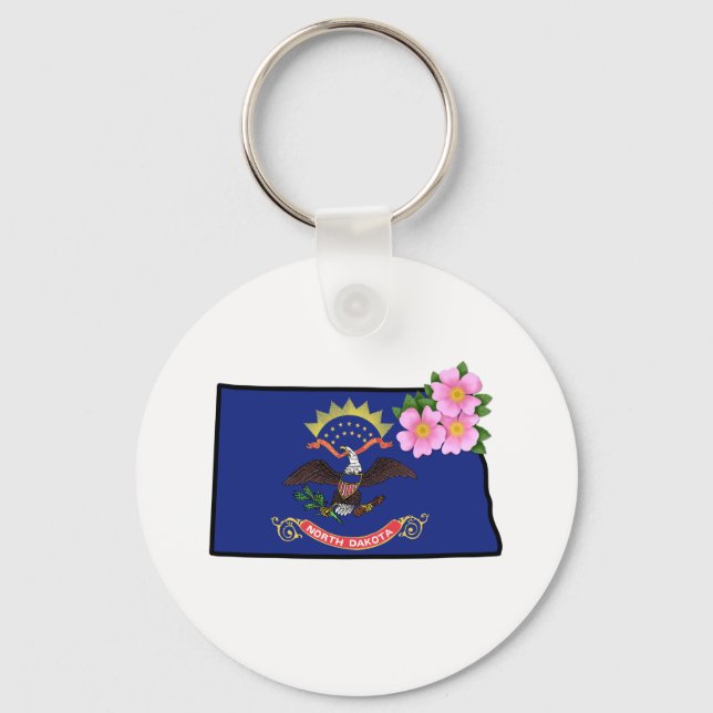 North Dakota Flag with State Flower Prairie Rose M Key Ring (Front)