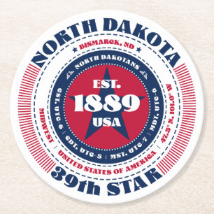 North Dakota Red White Blue Typography Round Paper Coaster