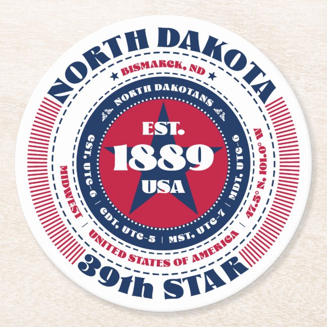 North Dakota Red White Blue Typography Round Paper Coaster (Front)