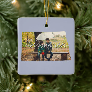 North Dakota State Photo insert and town name Ceramic Ornament