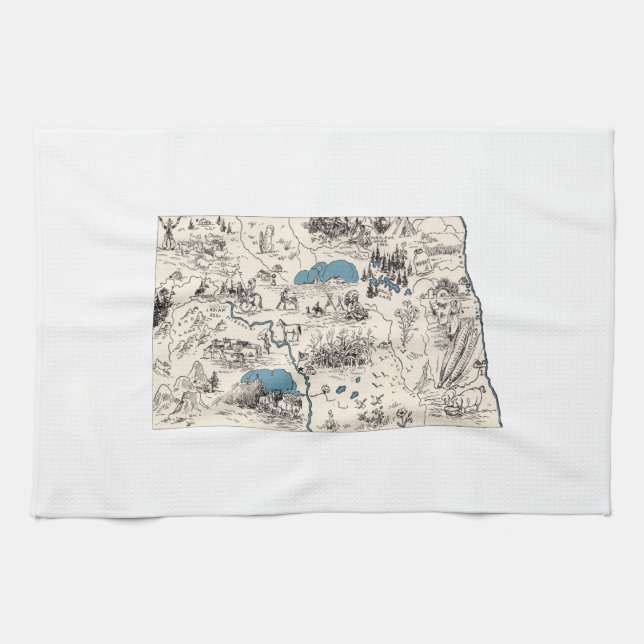 North Dakota Vintage Picture Map Tea Towel (Horizontal)