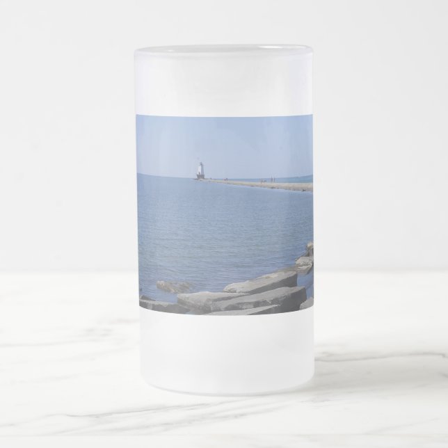 North Pierhead Lighthouse, Ludington, MI Frosted Glass Beer Mug (Center)