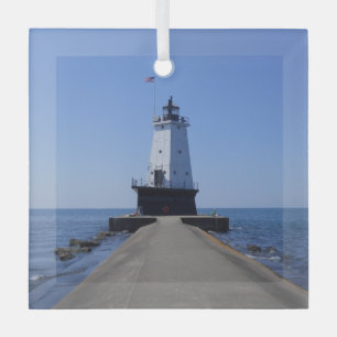 North Pierhead Lighthouse, Ludington, MI Glass Tree Decoration
